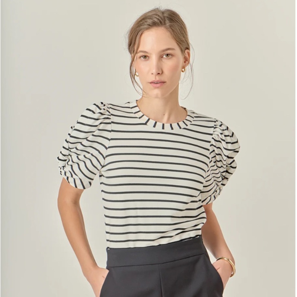 Anthropologie English Factory Striped Puff Sleeve Screw neck Top